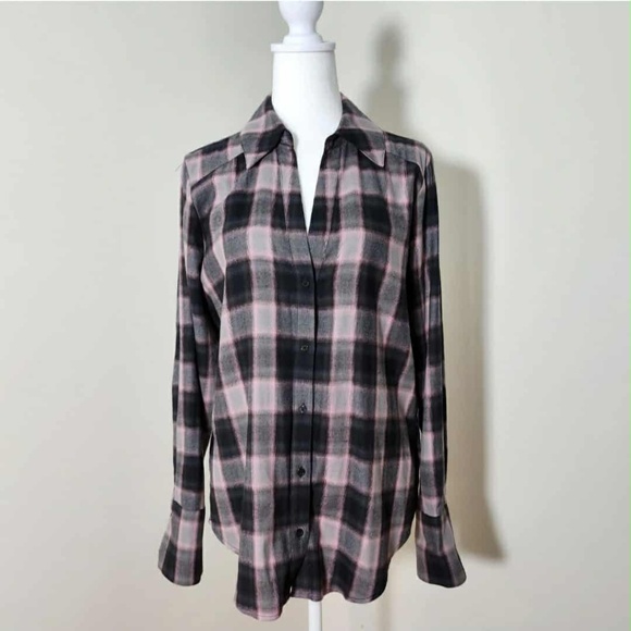 PAIGE Pink & Black Oversized Princess Punk Emo Alt Flannel Fall Shirt M - Picture 1 of 9
